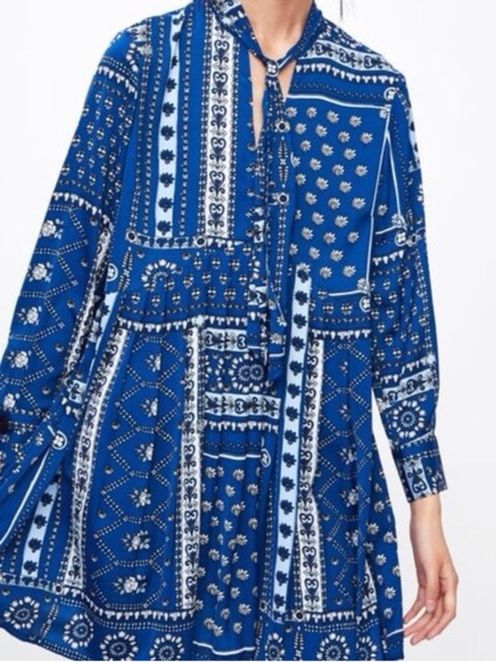 Zara Patchwork Pleated Long Sleeve Mini Dress in Bandana Blue, Women’s Small - Picture 3 of 16